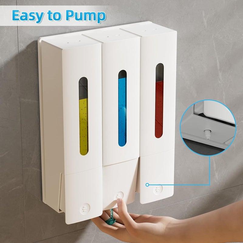 VITVITI Shampoo and Conditioner Dispenser for Shower, Refillable Shower Soap Dispensers 3 Chamber Wall Mounted, 10.2 OZ No Drill Plastic Shower/Body Wash Bottles for Bathroom (White) - Image 3